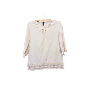 Andrew & co white 100% cotton embroider floral tunic blouse top medium cottage